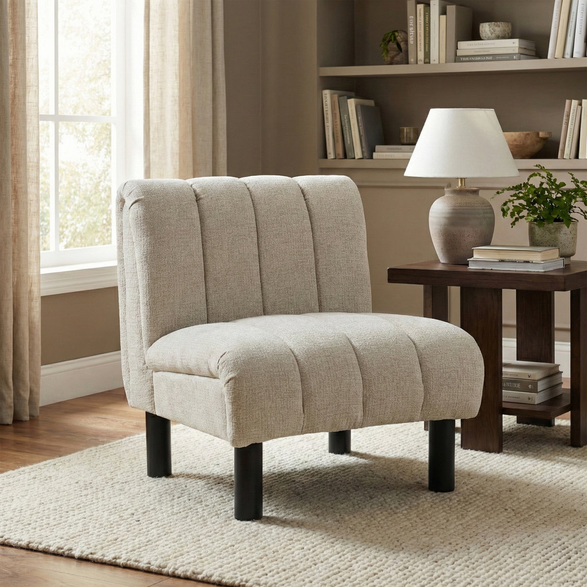 Lily Oatmeal fabric accent chair, main lifestyle