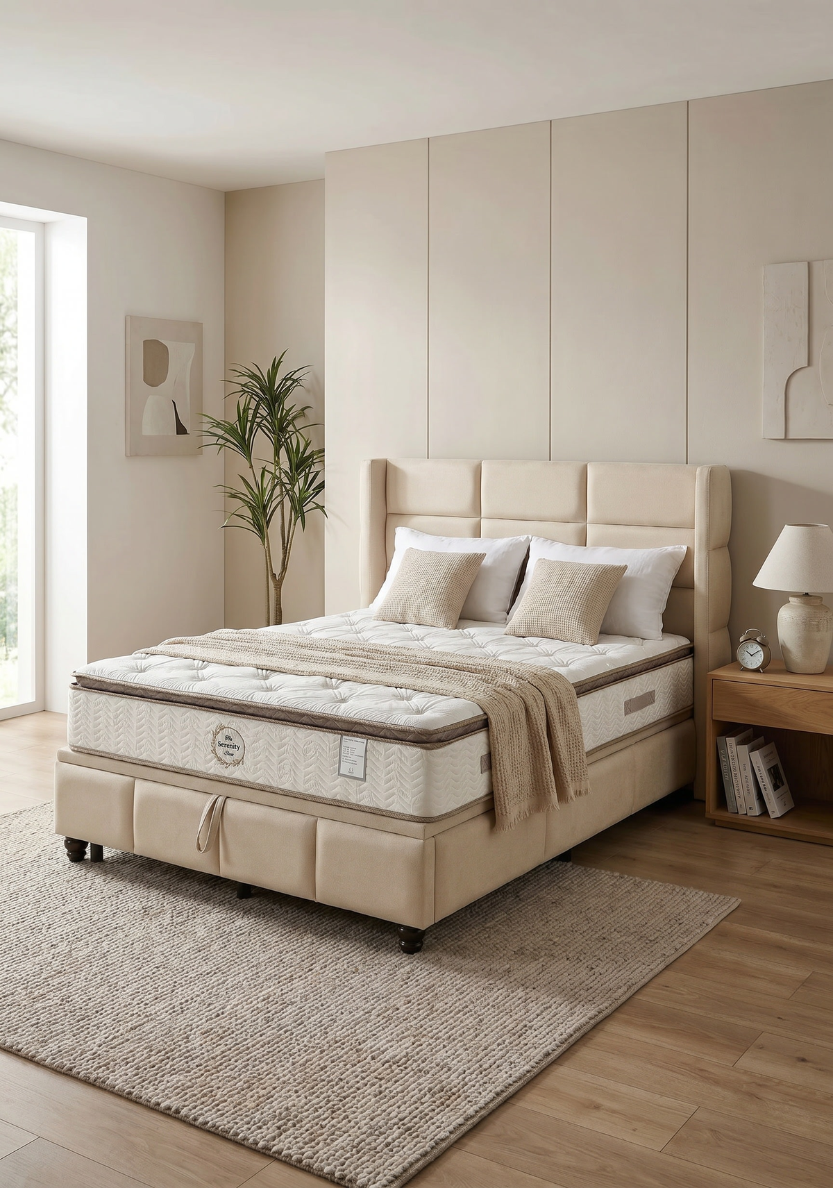 Armagh cream upholstered bed with patterned bedding in a bright neutral bedroom