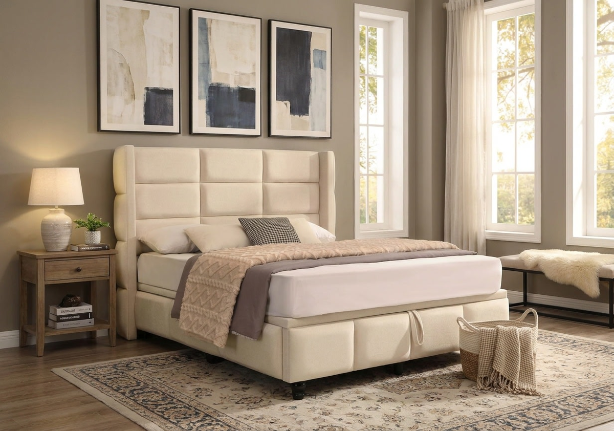 Armagh cream panelled bed with a taupe throw in a bedroom beside a window