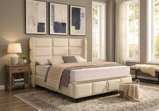 Armagh cream panelled bed with a taupe throw in a bedroom beside a window