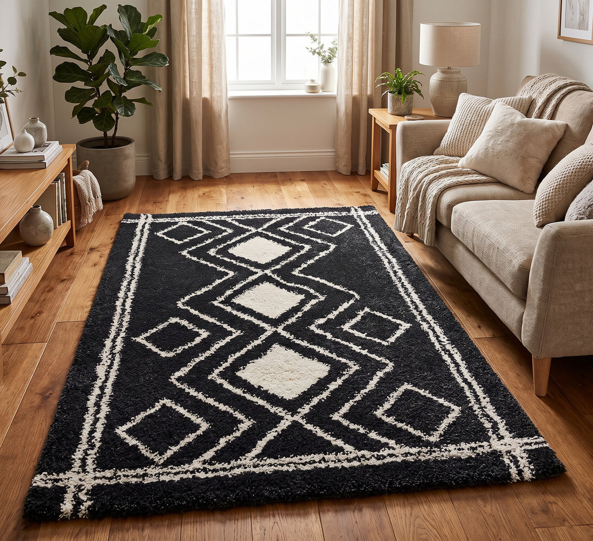 Ashton Rug - Grey 05, dark grey rug with cream diamonds beside a beige sofa