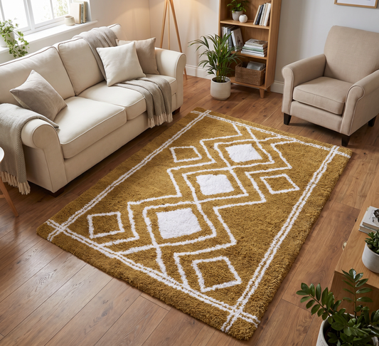 Ashton Rug - Mustard Cream, mustard and cream diamond-pattern rug between beige seating on a wooden floor