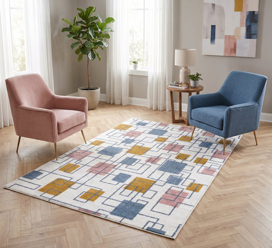 Aspire Rug - Coral, multicoloured square-pattern rug between pink and blue armchairs on a wooden floor
