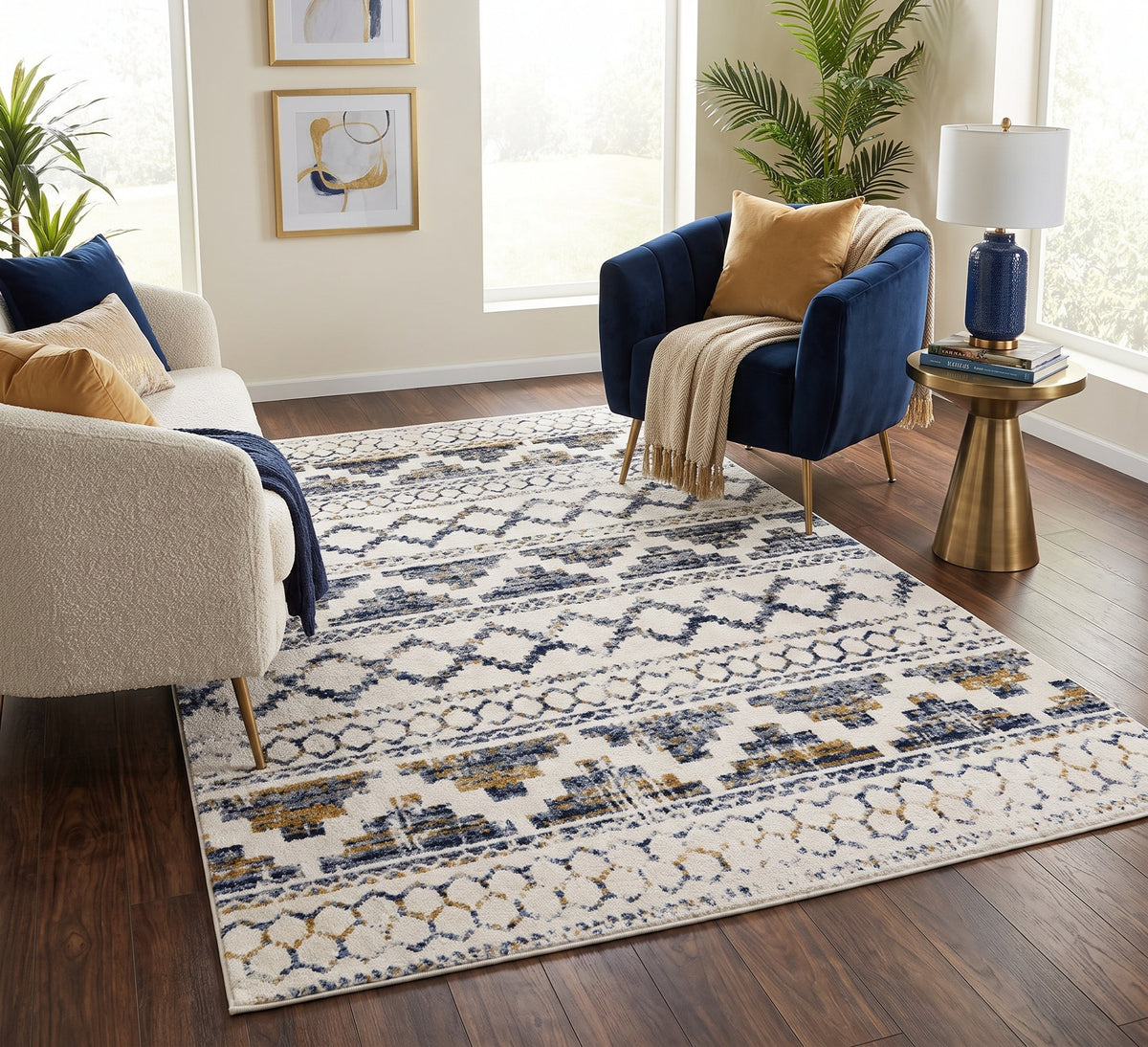 Aspire Rug - Silver, silver geometric-pattern rug between cream and navy armchairs on a wooden floor