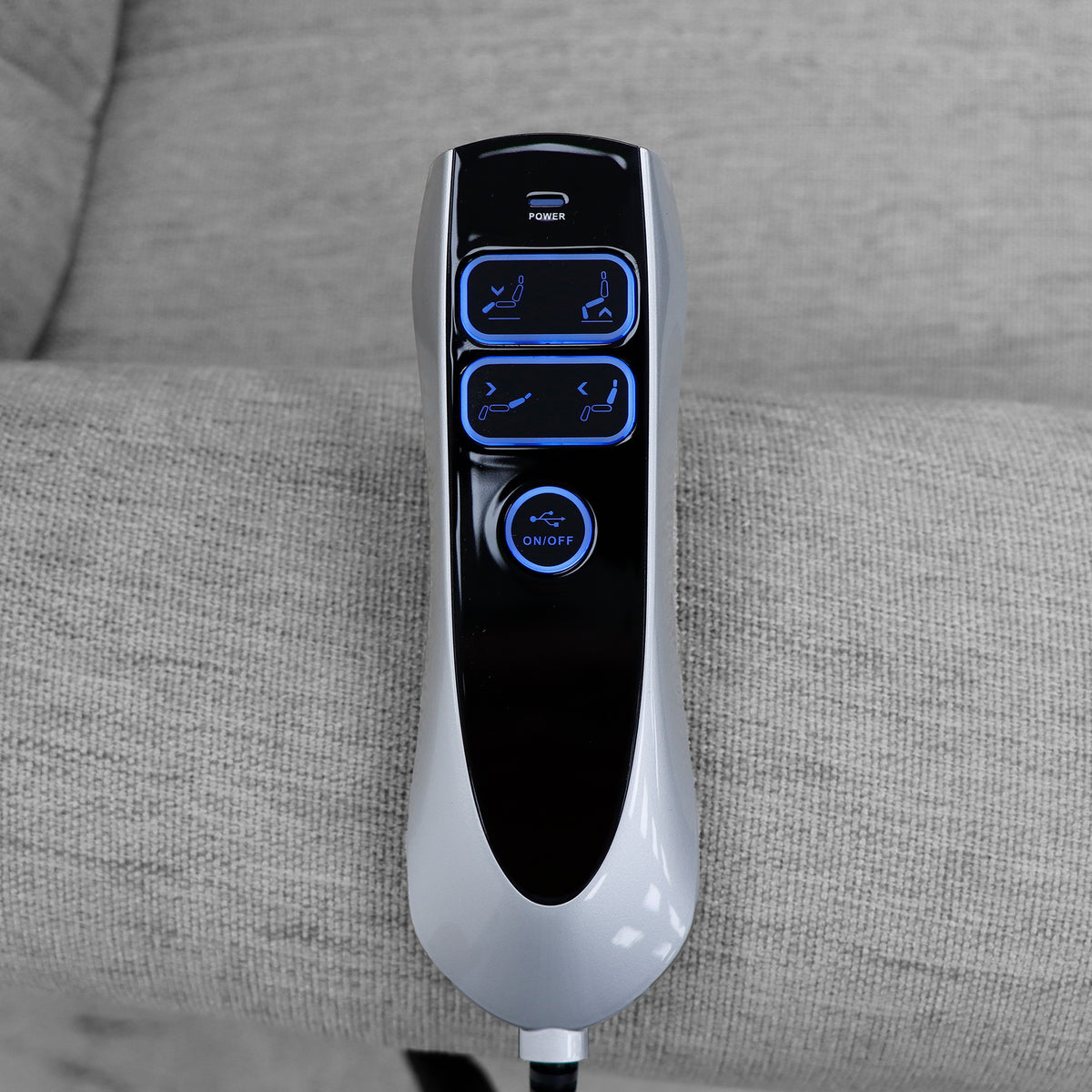 Astoria Silver fabric dual motor lift-and-tilt chair handheld remote control close-up