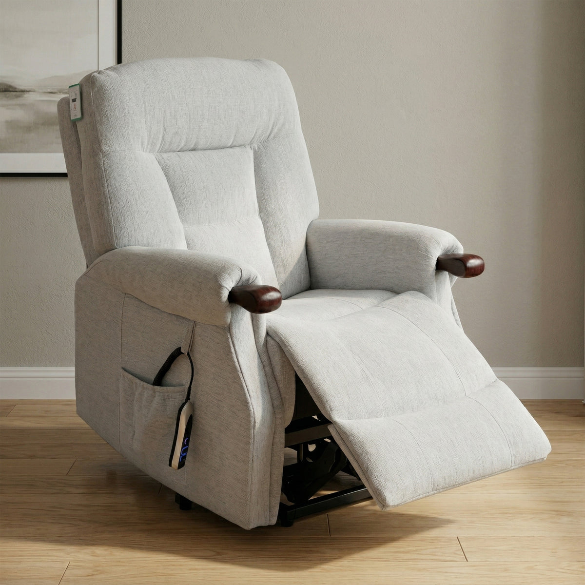 Astoria Silver fabric dual motor lift-and-tilt chair in a room with footrest extended