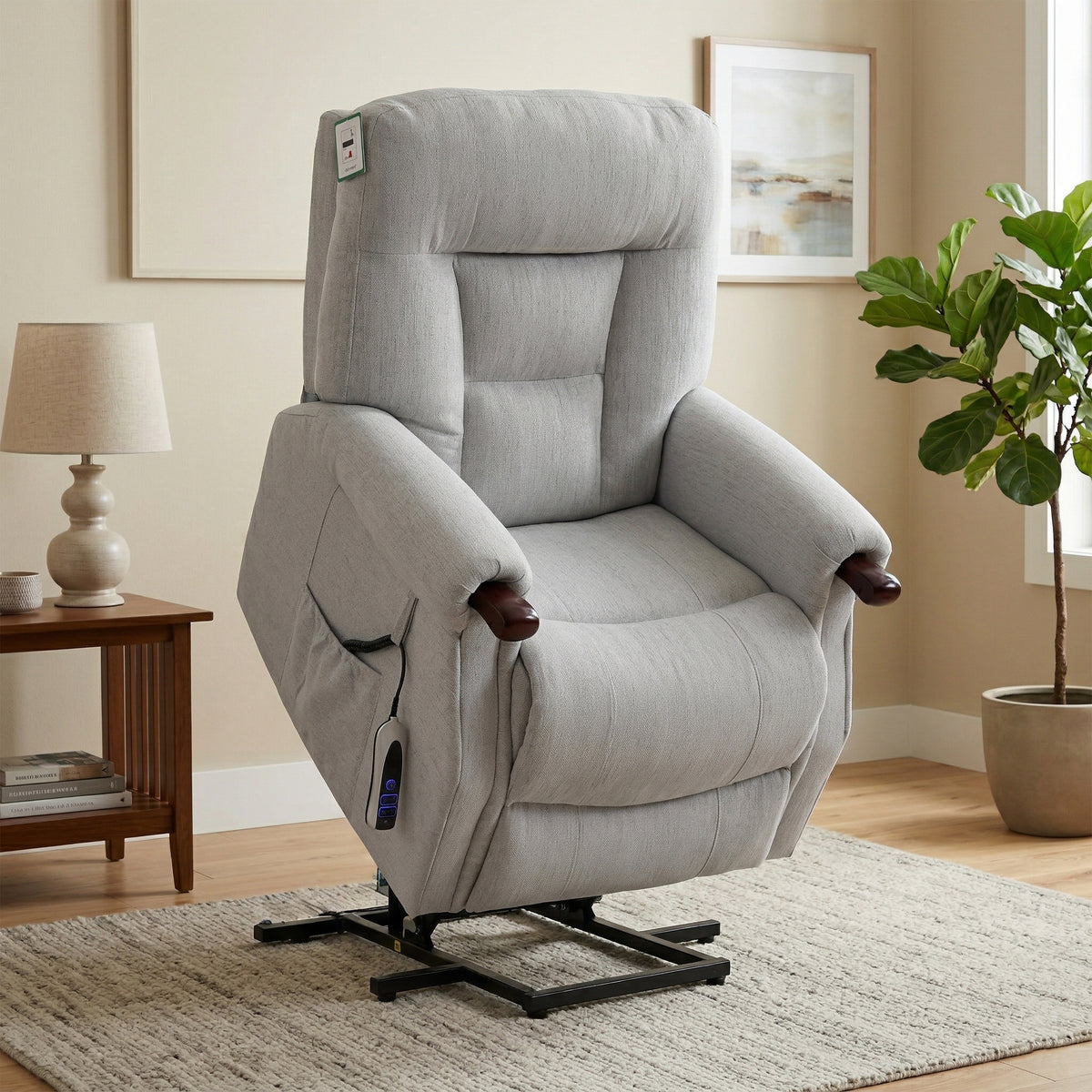 Astoria Silver fabric dual motor lift-and-tilt chair in a room with lift function raised