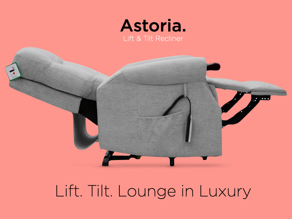Astoria Silver fabric dual motor lift-and-tilt chair reclining feature graphic