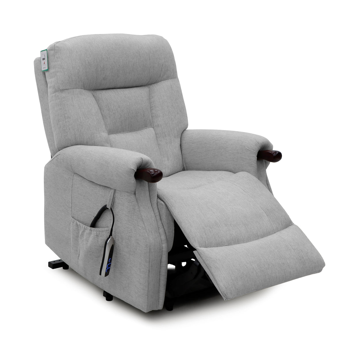 Astoria Silver fabric dual motor lift-and-tilt chair with footrest extended