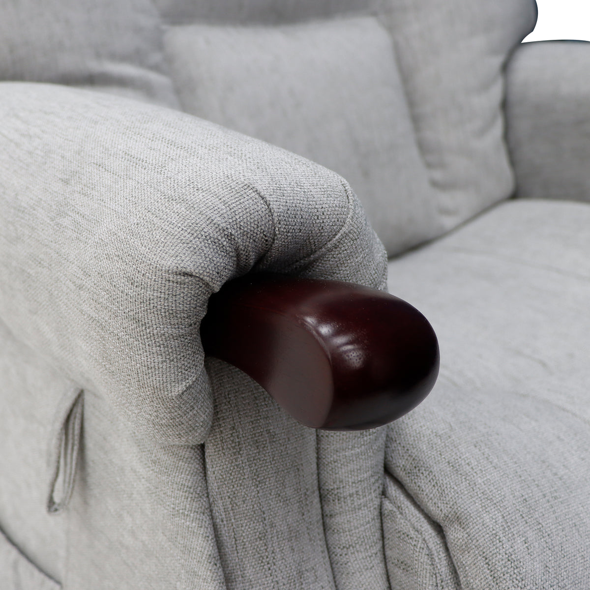 Astoria Silver fabric dual motor lift-and-tilt chair wooden knuckle close-up
