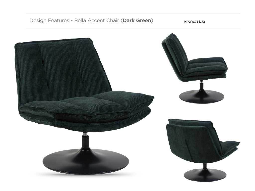 Bella in Dark Green, accent chair views and design details
