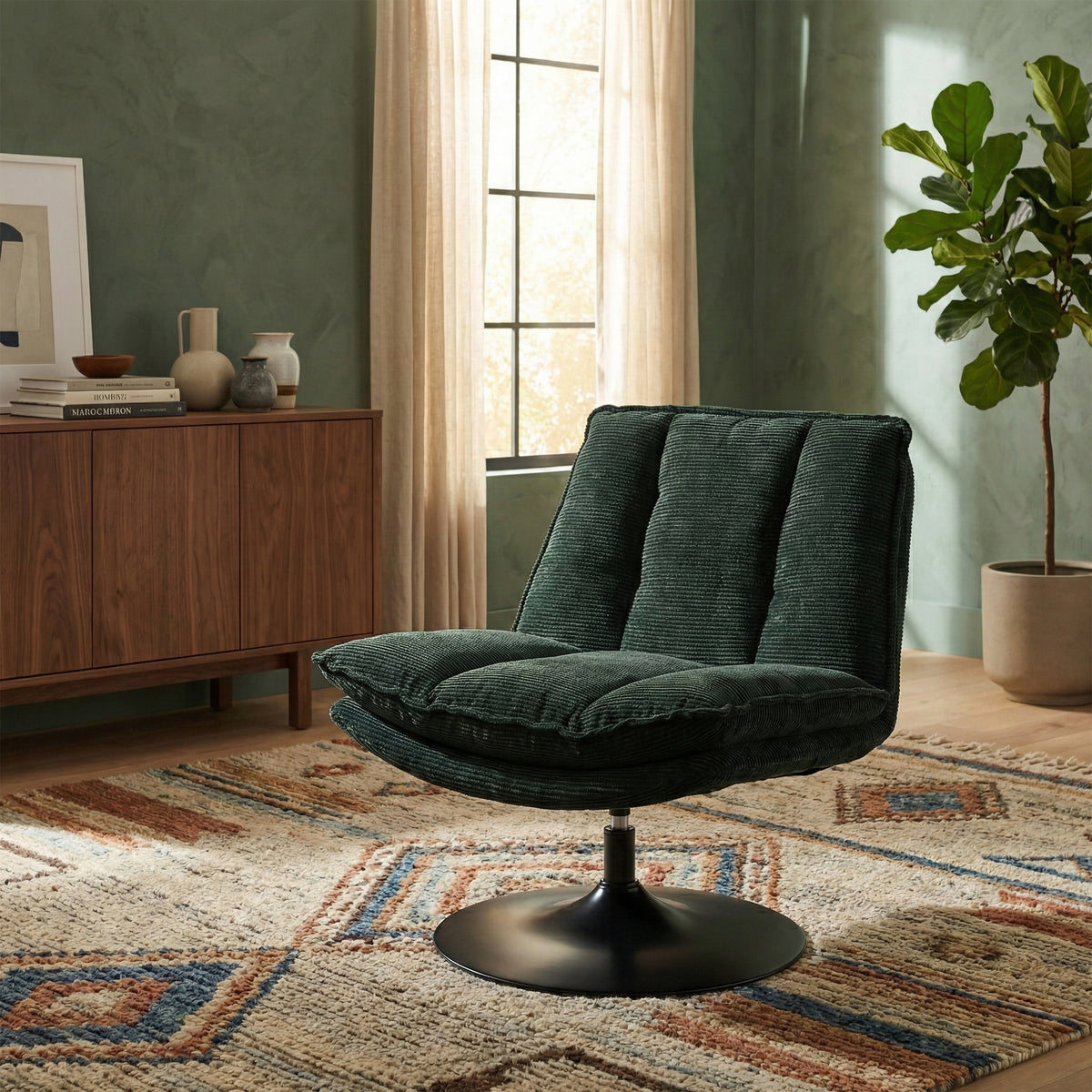 Bella in Dark Green, swivel accent chair in a living room
