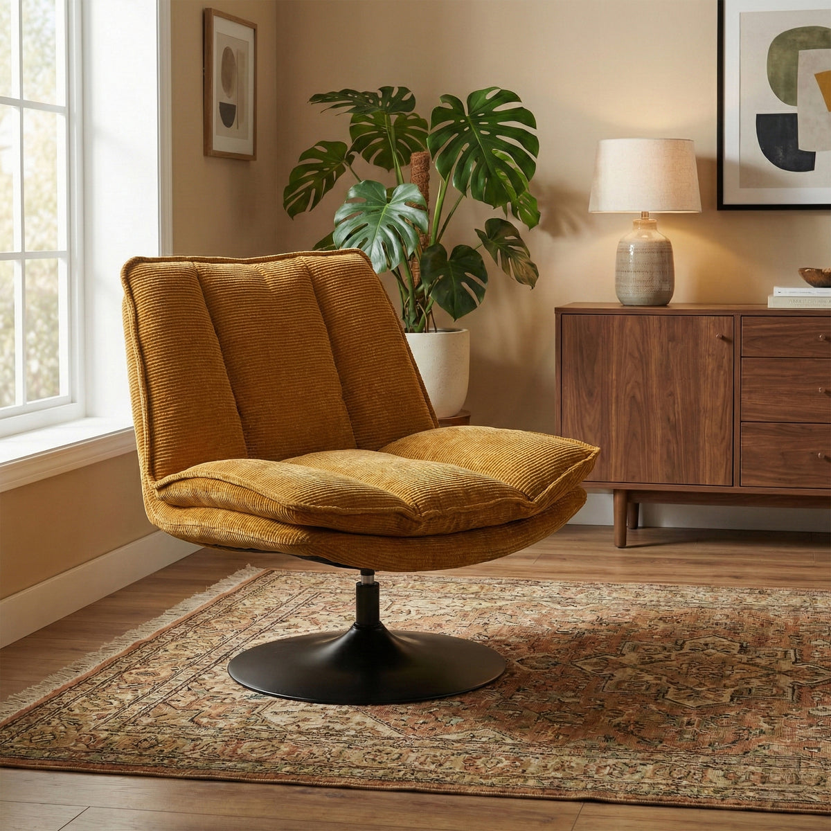 Bella in Ochre, swivel accent chair in another room setting