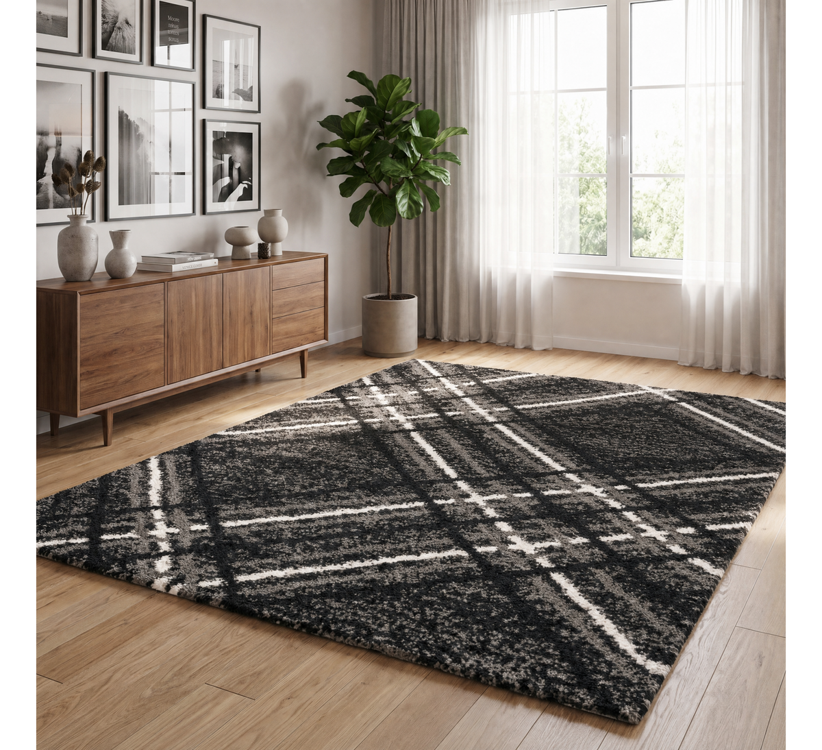 Blaze Rug - Grey, grey checked rug beside a wooden sideboard and large window