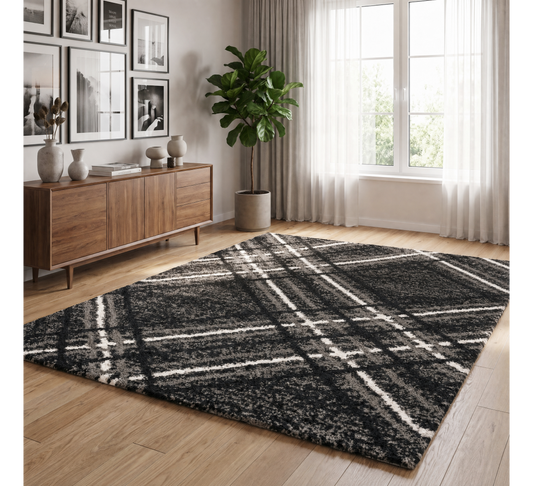 Blaze Rug - Grey, grey checked rug beside a wooden sideboard and large window