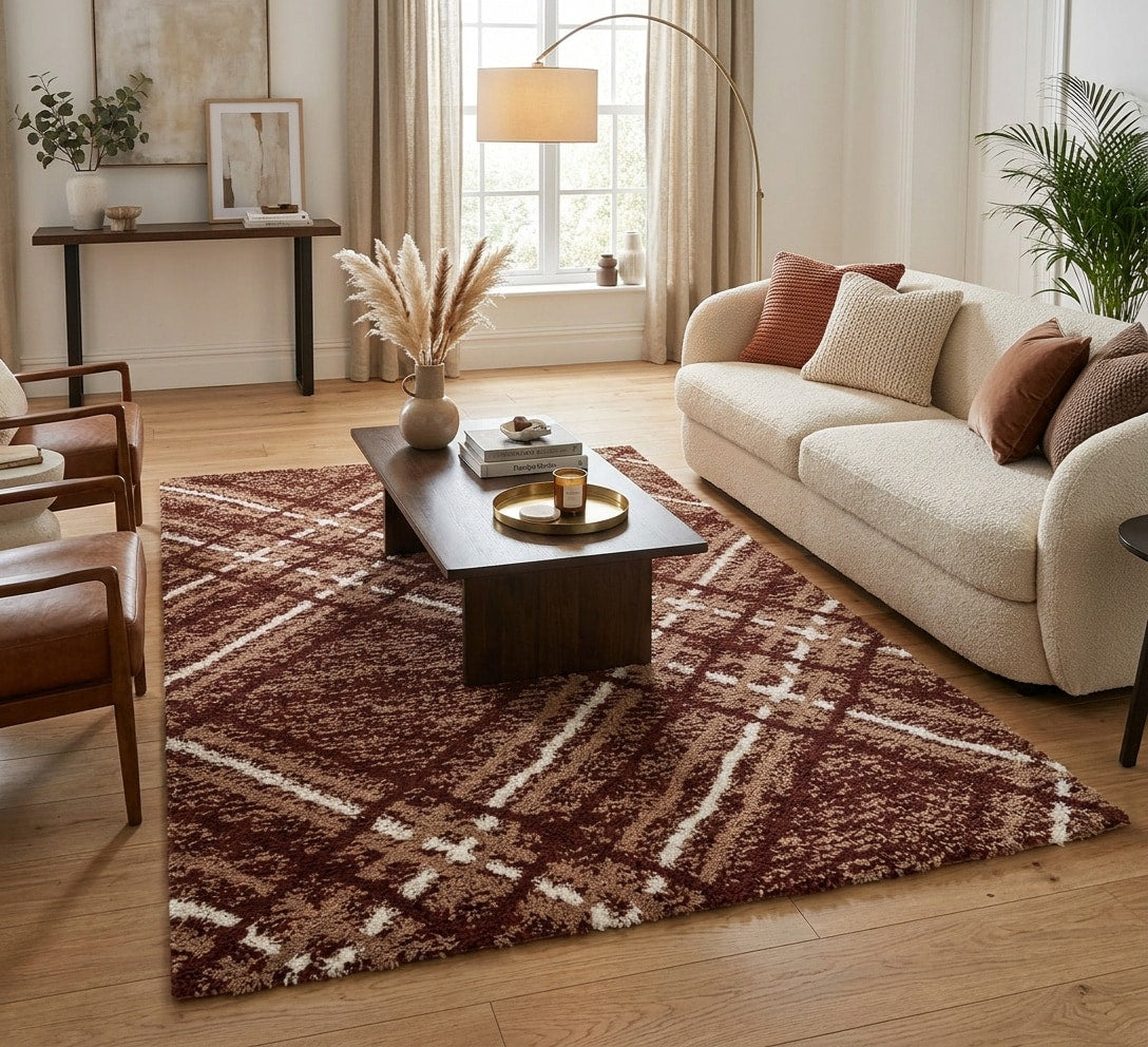 Blaze Rug - Ivory Orange, ivory and orange checked rug beneath a coffee table beside a cream sofa