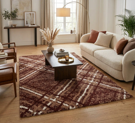 Blaze Rug - Ivory Orange, ivory and orange checked rug beneath a coffee table beside a cream sofa