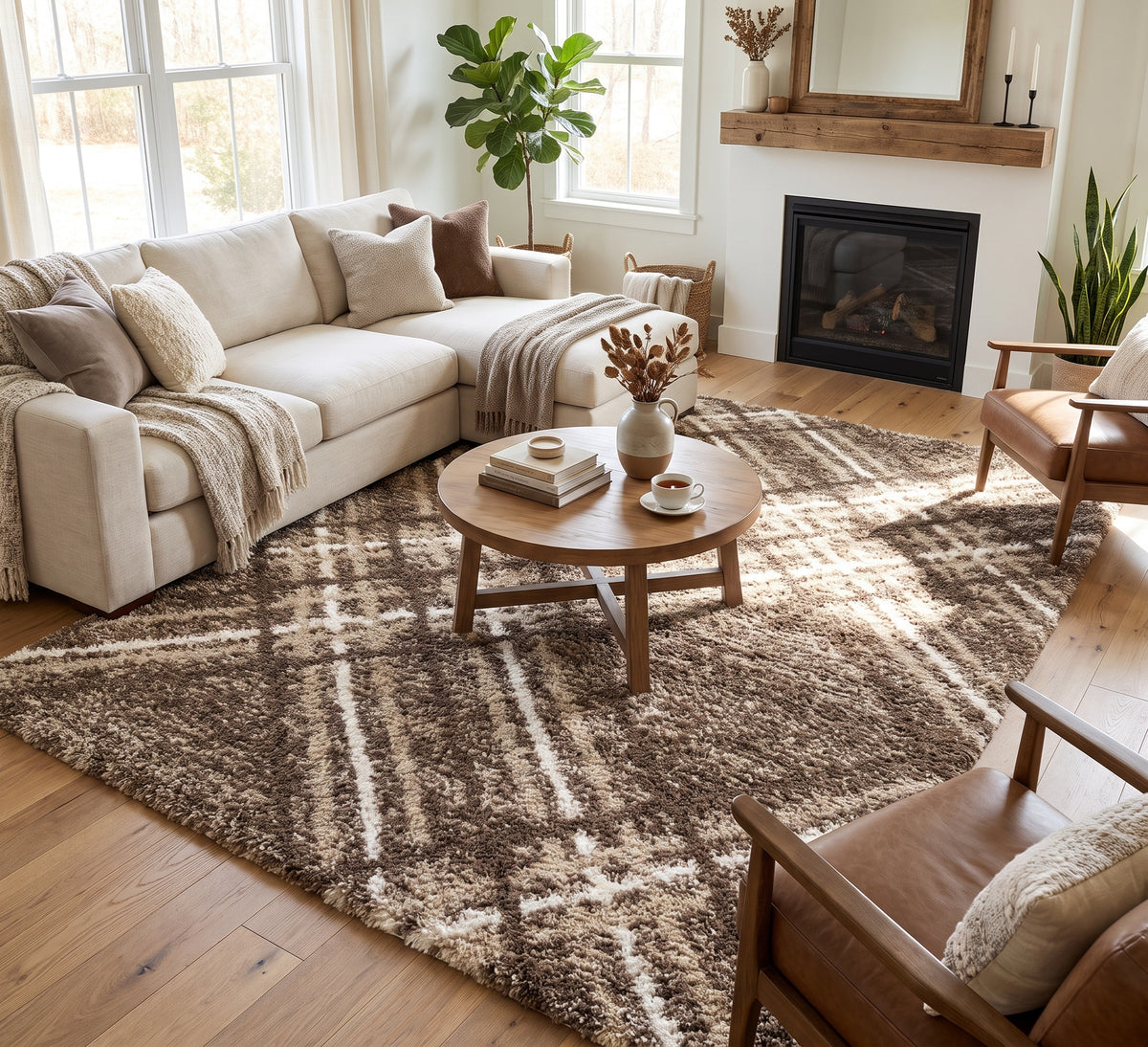 Blaze Rug - Taupe Beige, taupe and beige checked rug beside a cream sofa and fireplace
