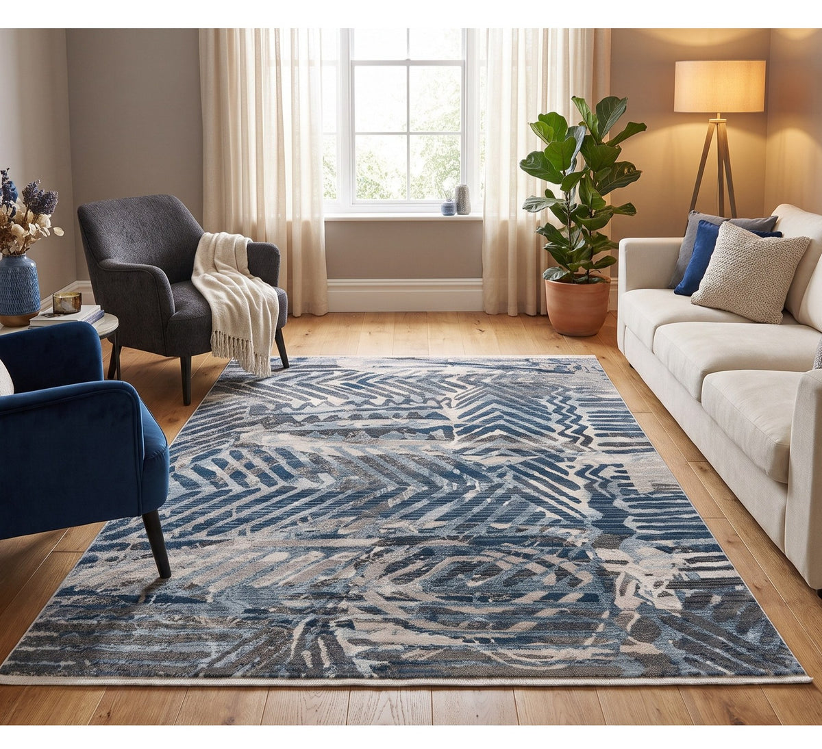 Bodrum 0496 Rug, blue abstract rug between cream and navy seating