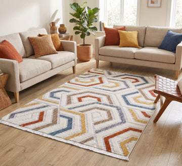 Broadway Rug - 5185A, geometric rug between cream sofas