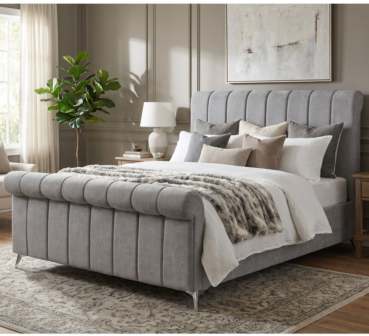Carlow Gas-Lift Bed Grey, grey upholstered bed styled with layered bedding in a neutral bedroom