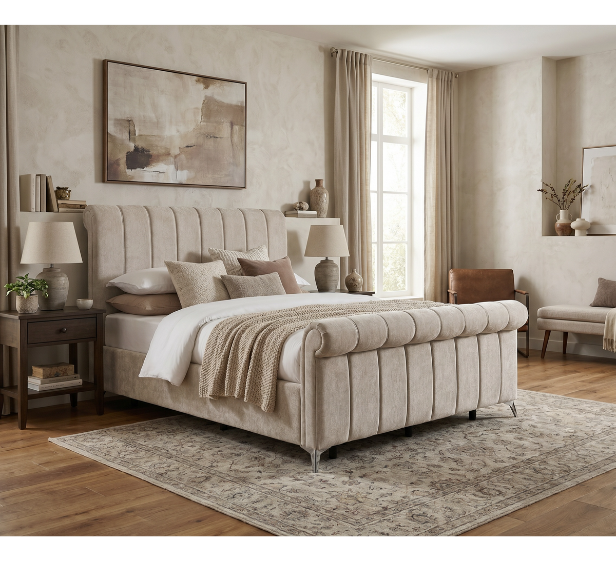 Carlow Gas-Lift Bed Beige, beige upholstered bed styled with layered bedding in a neutral bedroom