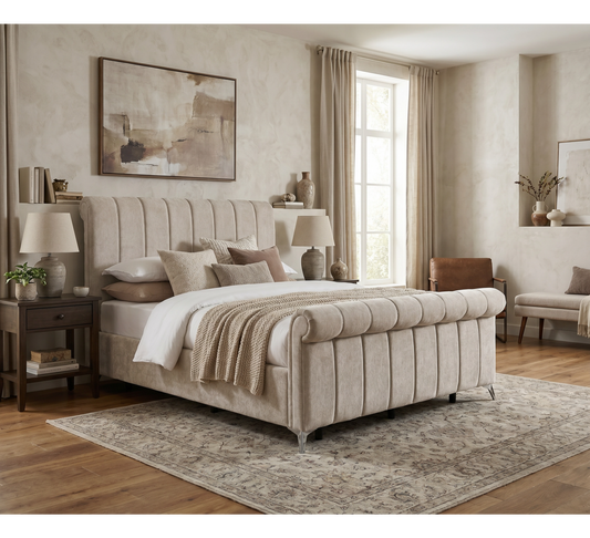 Carlow Gas-Lift Bed Beige, beige upholstered bed styled with layered bedding in a neutral bedroom