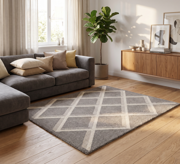 Chad Rug 572, grey diamond-pattern rug beside a grey corner sofa