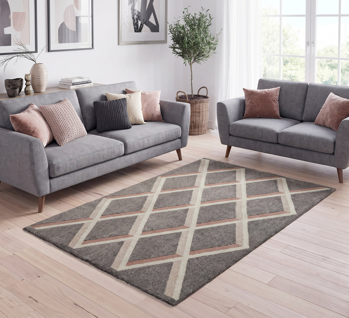 Chad Rug 592 - Large, grey diamond-pattern rug between two grey sofas
