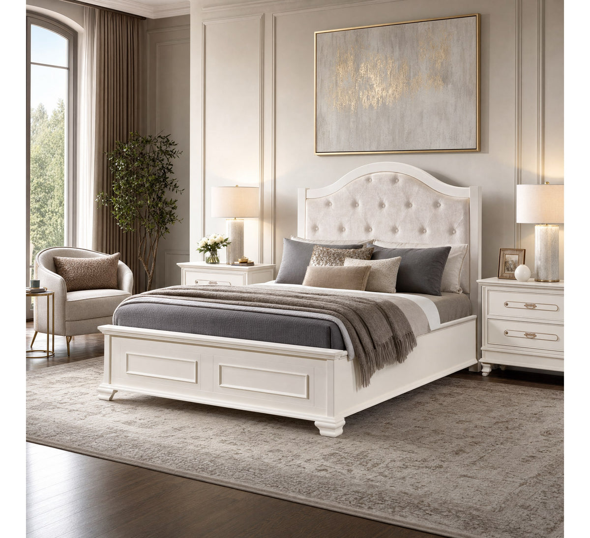 Charlotte Bed, white bed with button-tufted headboard and matching bedside tables in a neutral bedroom