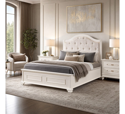 Charlotte Bed, white bed with button-tufted headboard and matching bedside tables in a neutral bedroom