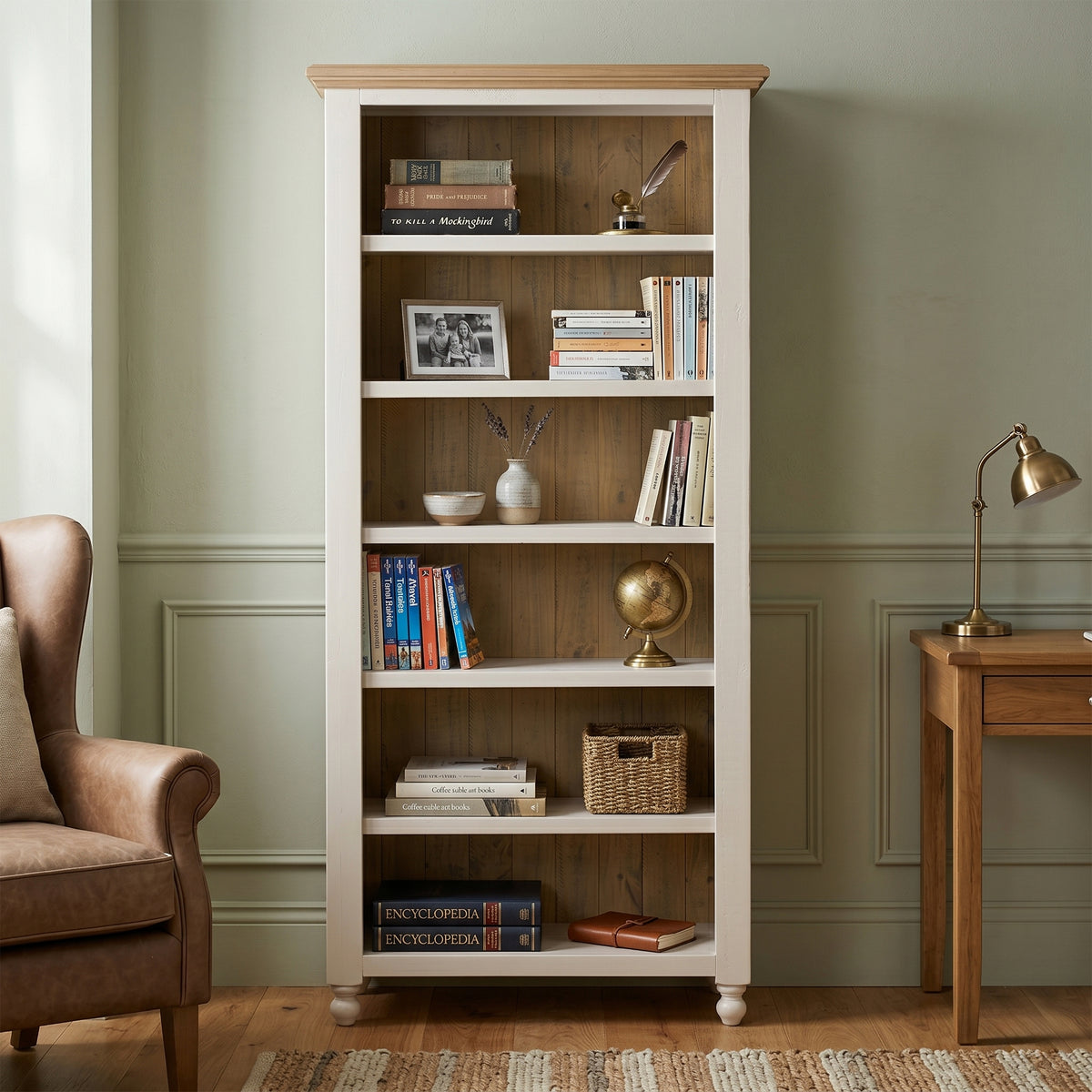 Chateau grey painted large pine bookcase in an alternative room setting