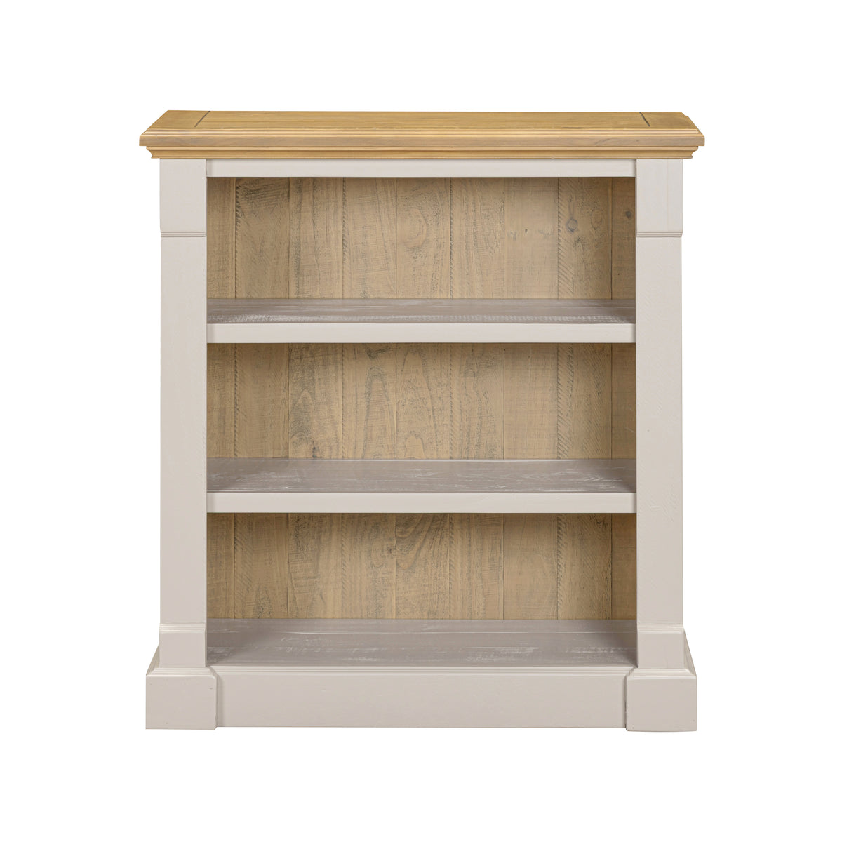Chateau grey painted low pine bookcase front view
