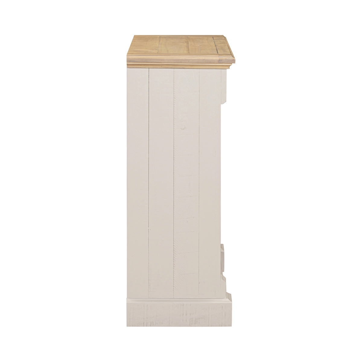 Chateau grey painted low pine bookcase side view