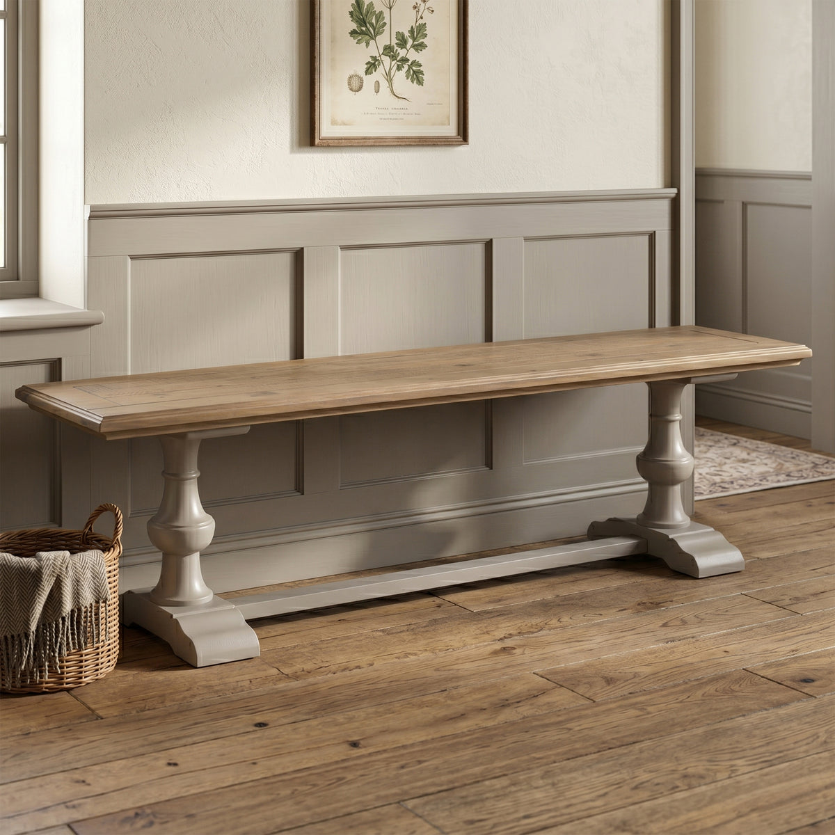 Chateau grey painted pine dining bench in a room setting