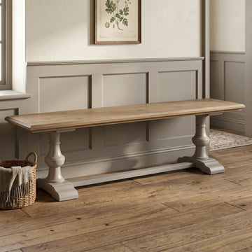 Chateau grey painted pine dining bench in a room setting