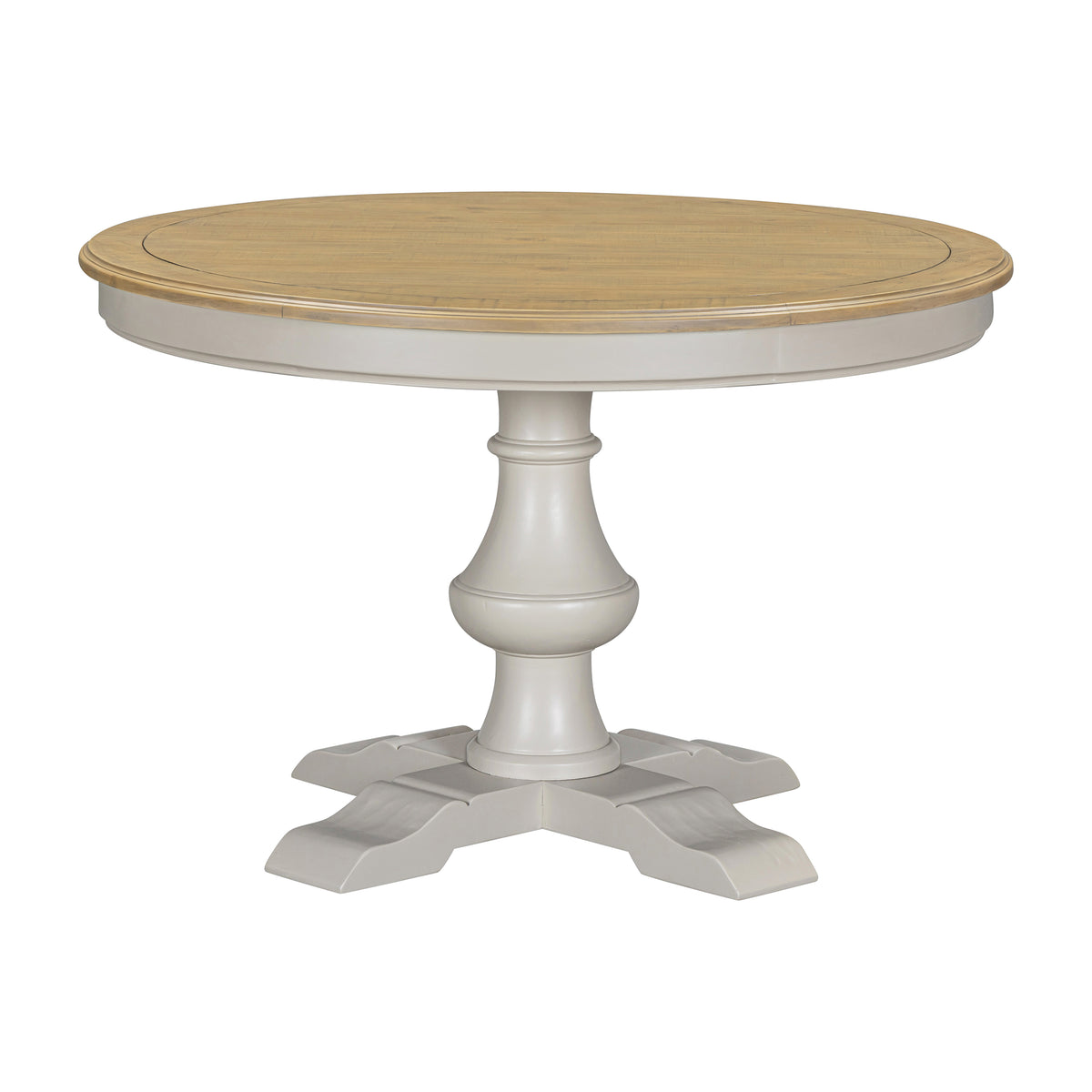 Chateau grey painted round pine dining table angled view