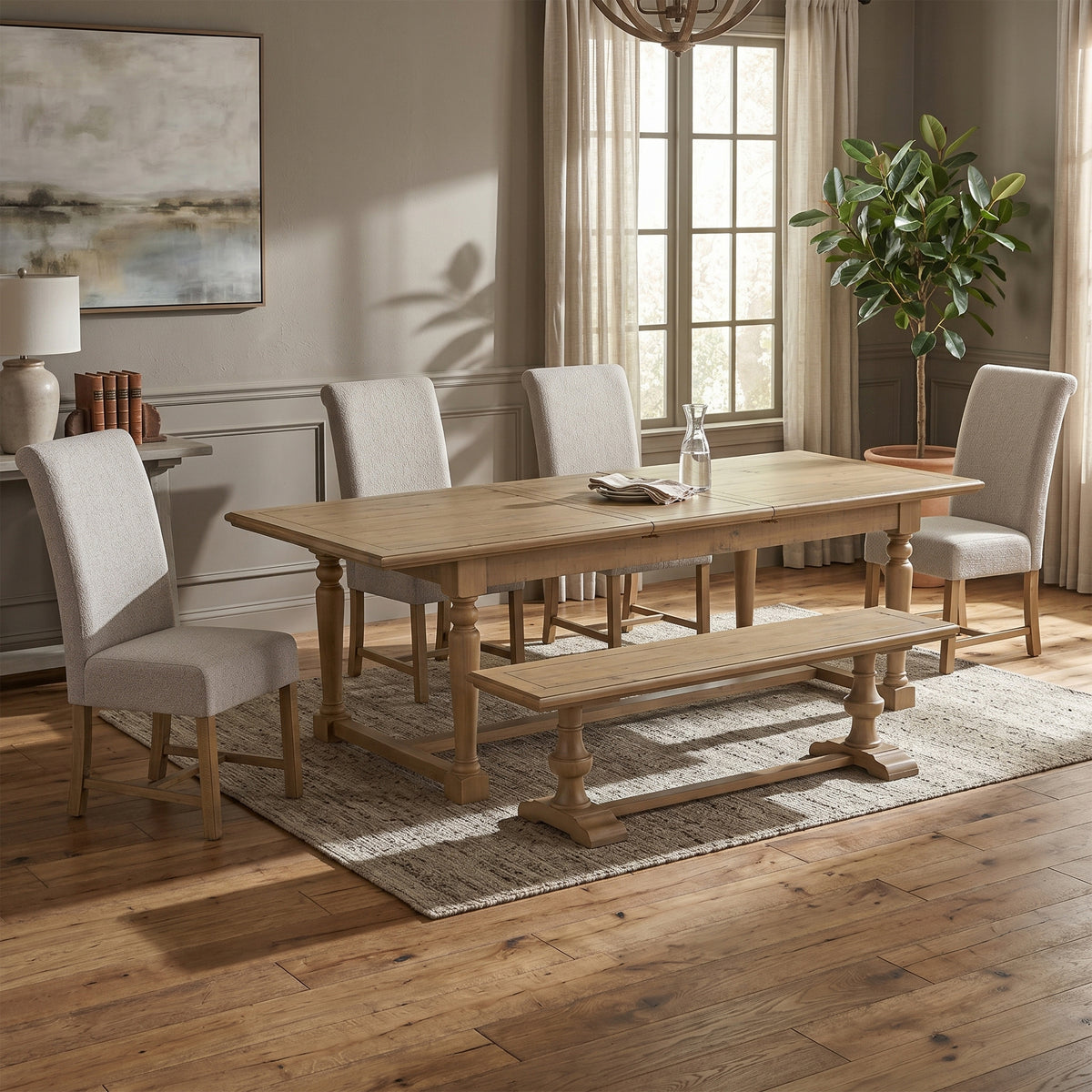 Chateau Rustic Extending Pine Dining Table, table shown with matching chairs and bench