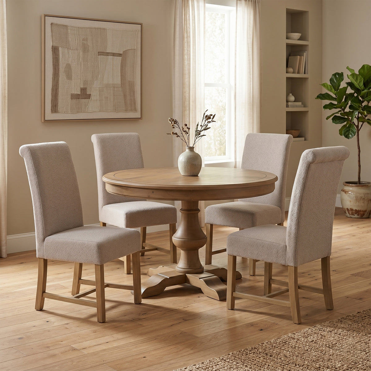 Chateau Rustic Round Dining Set, complete four-chair set room setting