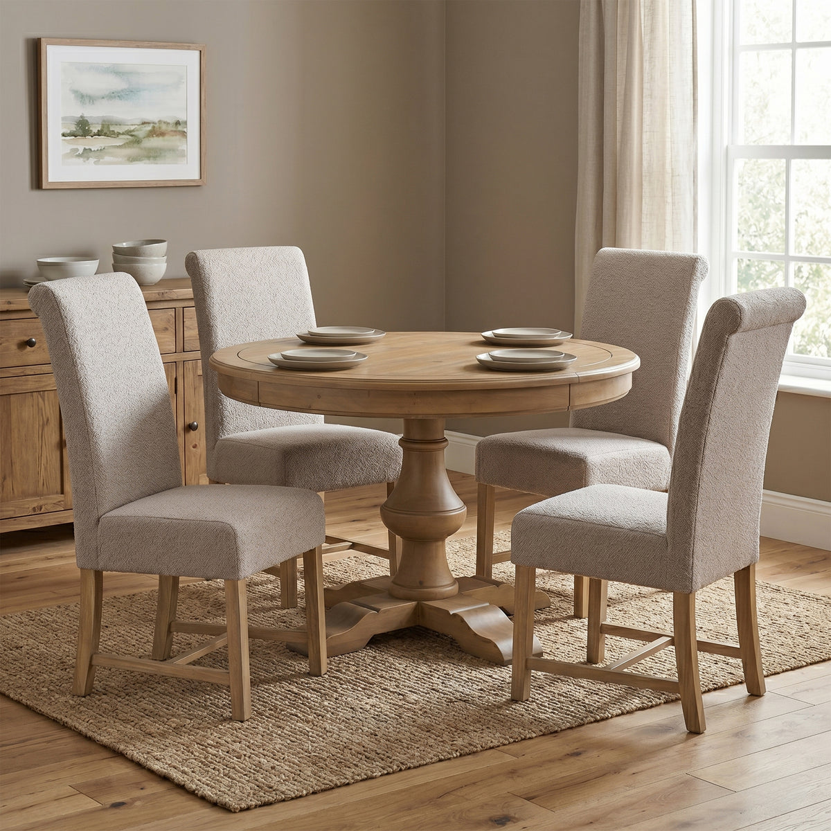 Chateau Rustic Round Pine Dining Table, table shown with matching chairs
