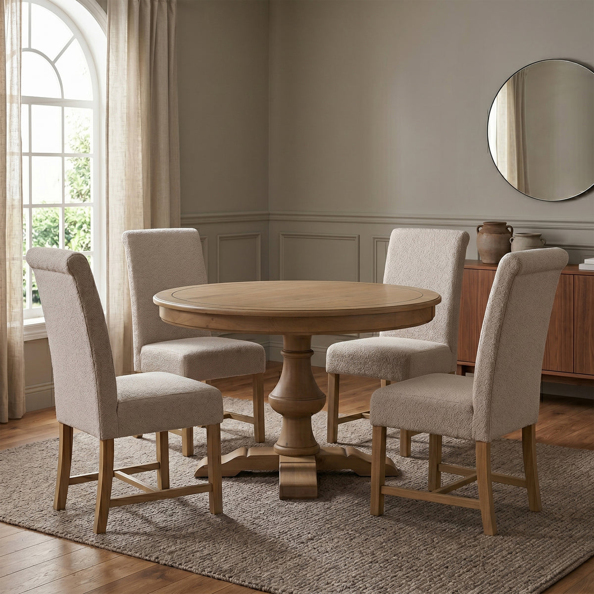 Chateau Rustic Beige Dining Chairs, chairs shown with round table