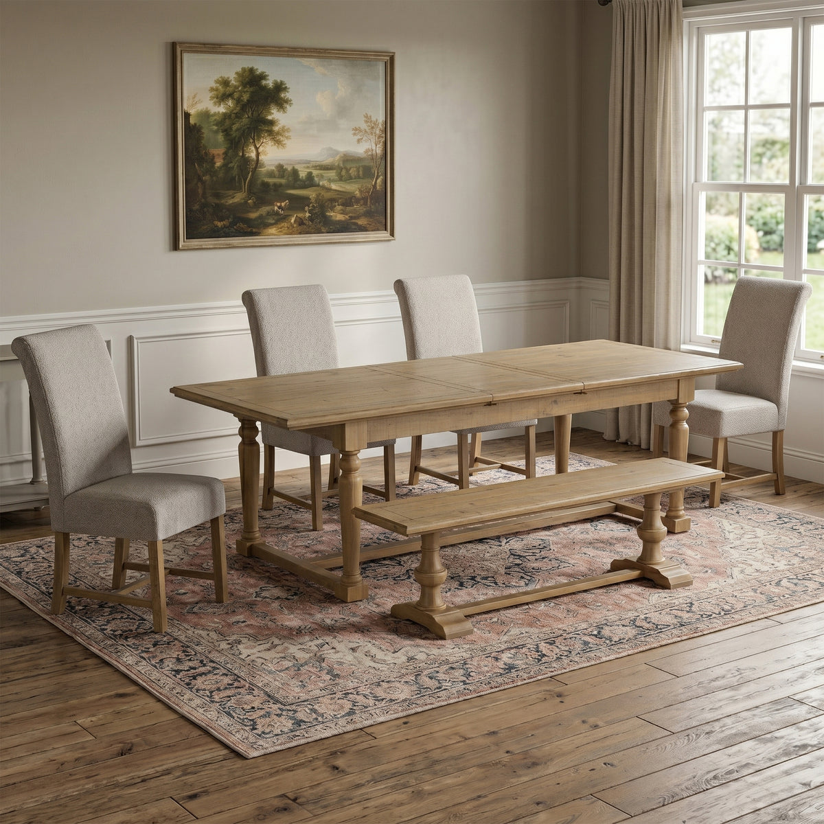 Chateau Rustic Pine Dining Bench, bench shown with matching dining set