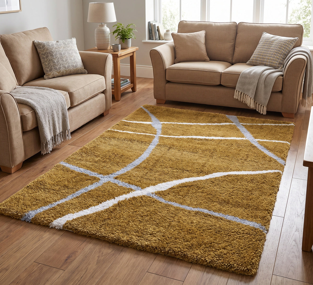 Cruz Rug - Mustard, mustard rug with curved cream lines between beige sofas