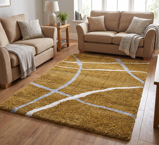 Cruz Rug - Mustard, mustard rug with curved cream lines between beige sofas