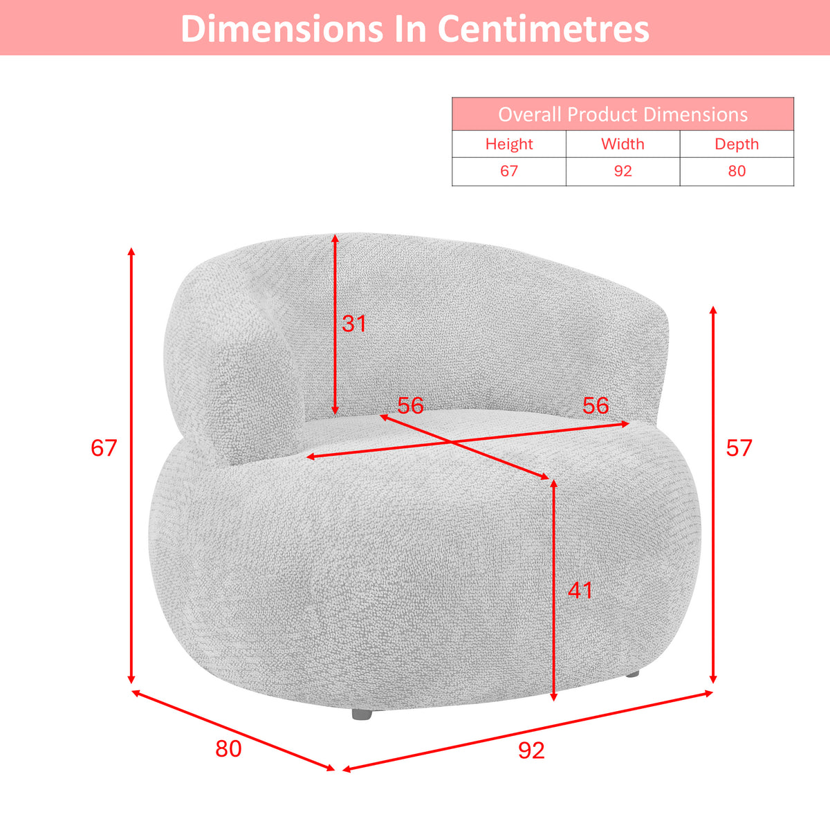 Daisy, dimension diagram W92 D80 H67 cm