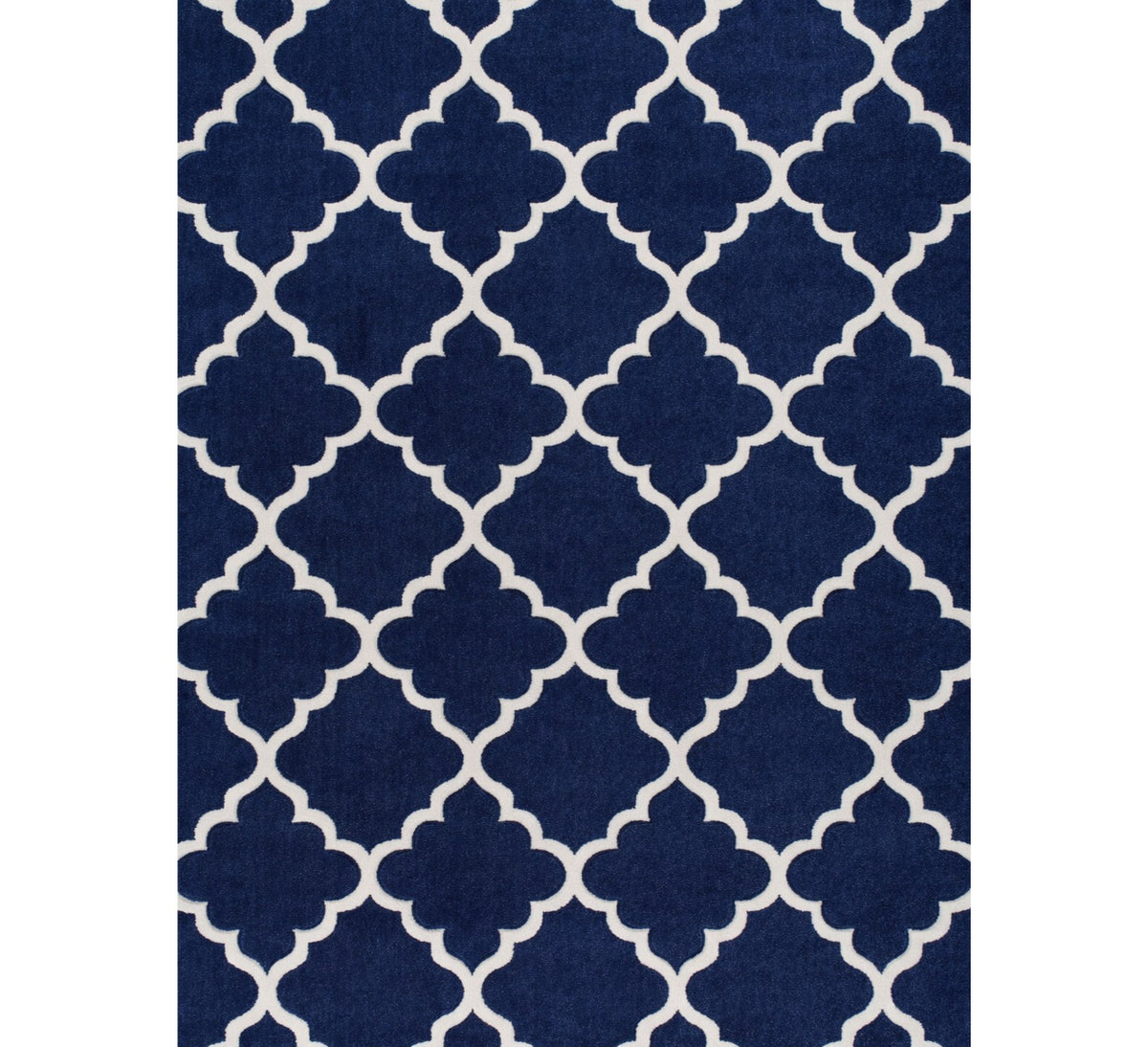 Darcy Rug Navy, full overhead studio view of the navy and cream trellis pattern