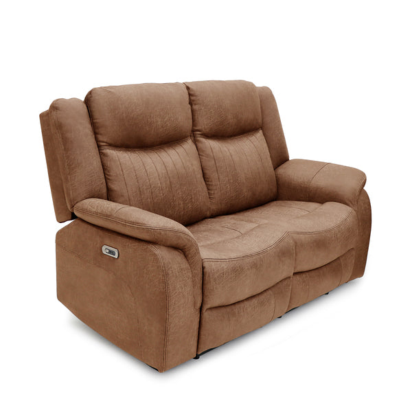 Darlington 2 seater electric recliner sofa in tan, angled upright