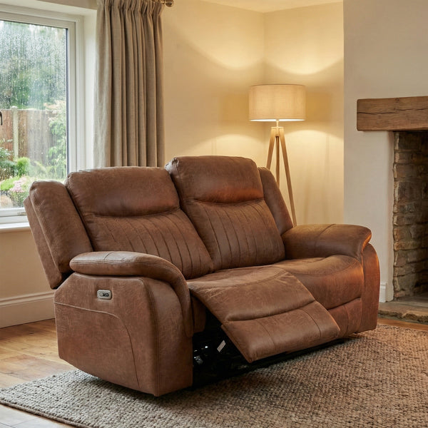 Darlington 2 seater electric recliner sofa in tan, living room footrest raised