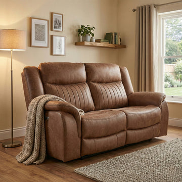 Darlington 2 seater electric recliner sofa in tan, living room upright