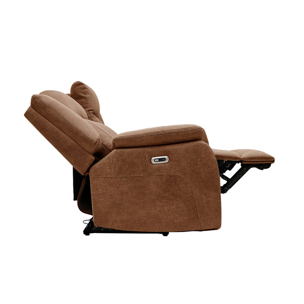 Darlington 2 seater electric recliner sofa in tan, side reclined footrest extended